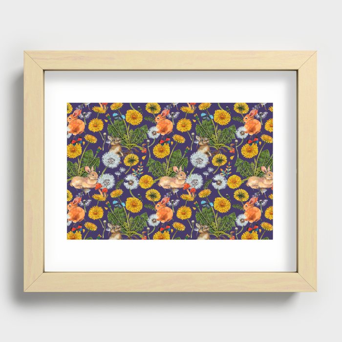 Dandelion Flowers with Rabbits - purple Recessed Framed Print
