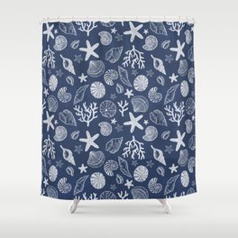 Shell Game On Navy Shower Curtain
