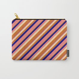 [ Thumbnail: Blue, Light Coral, Tan & Chocolate Colored Lined/Striped Pattern Carry-All Pouch ]