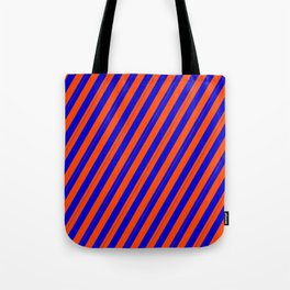 [ Thumbnail: Blue & Red Colored Lines/Stripes Pattern Tote Bag ]