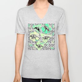 90's Dinosaur Skeleton Neon Pattern V Neck T Shirt