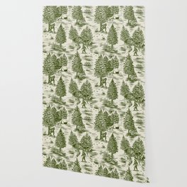 Bigfoot / Sasquatch Toile de Jouy in Forest Green Wallpaper