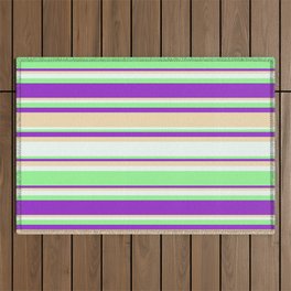 [ Thumbnail: Dark Orchid, Tan, Mint Cream, and Green Colored Stripes Pattern Outdoor Rug ]