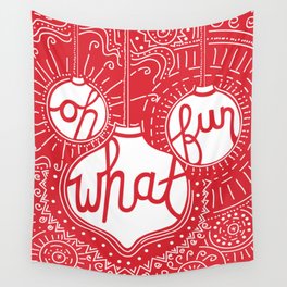 Oh What Fun Wall Tapestry | Ornaments, Holiday, Typography, Red, White, Graphicdesign, Doodle, Digital, Illustration, Christmas 