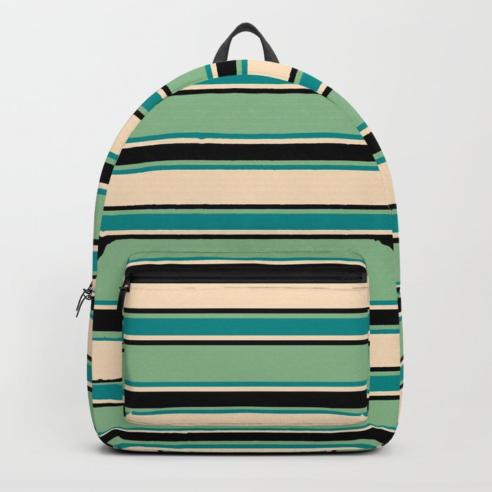 Dark Sea Green, Dark Cyan, Bisque, and Black Colored Striped Pattern Backpack