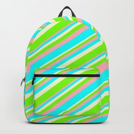 [ Thumbnail: Light Yellow, Green, Light Pink, and Cyan Colored Striped/Lined Pattern Backpack ]