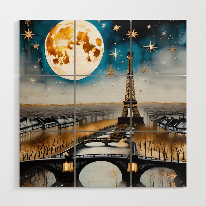 Christmas In Paris - Eiffel Tower Gold and Silver Landscape Winter Art Wood Wall Art