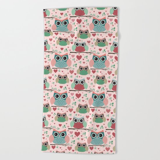 Owls in Love Pattern Beach Towel