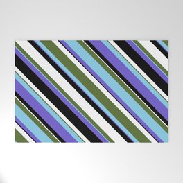 [ Thumbnail: Dark Olive Green, Sky Blue, Slate Blue, Black, and White Colored Lined Pattern Welcome Mat ]