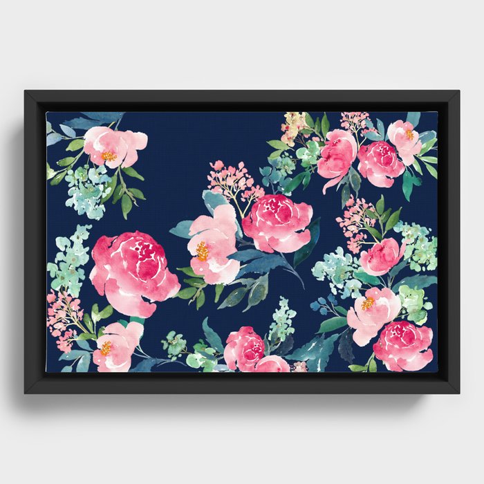 Navy and Pink Watercolor Peony Framed Canvas