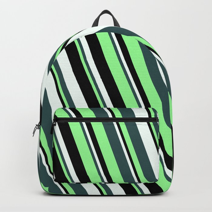 Dark Slate Gray, Green, Black & Mint Cream Colored Stripes/Lines Pattern Backpack