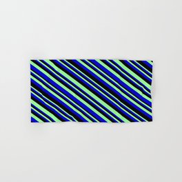 [ Thumbnail: Green, Blue & Black Colored Striped/Lined Pattern Hand & Bath Towel ]