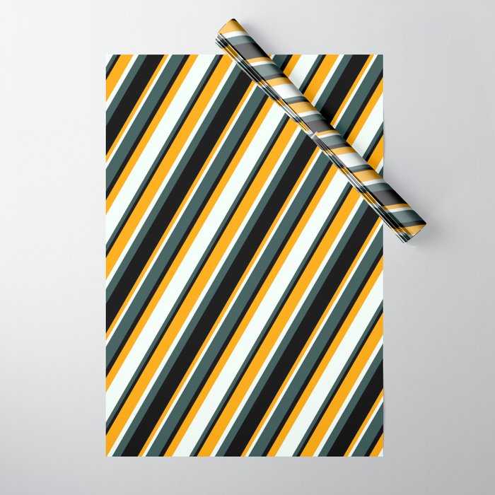 Orange, Mint Cream, Dark Slate Gray, and Black Colored Lined/Striped Pattern Wrapping Paper