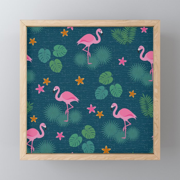Bohemian nonchalance tropical flamingo pattern teal Framed Mini Art Print