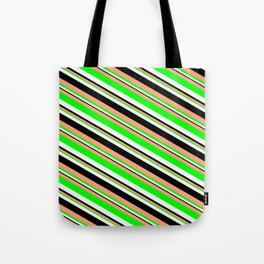 [ Thumbnail: Light Salmon, Lime, Mint Cream & Black Colored Striped/Lined Pattern Tote Bag ]