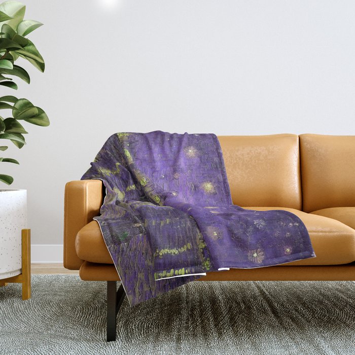 Starry Night Over the Rhone landscape painting by Vincent van Gogh in alternate purple with yellow stars Throw Blanket