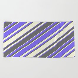 [ Thumbnail: Medium Slate Blue, Dim Gray, and Beige Colored Stripes Pattern Beach Towel ]