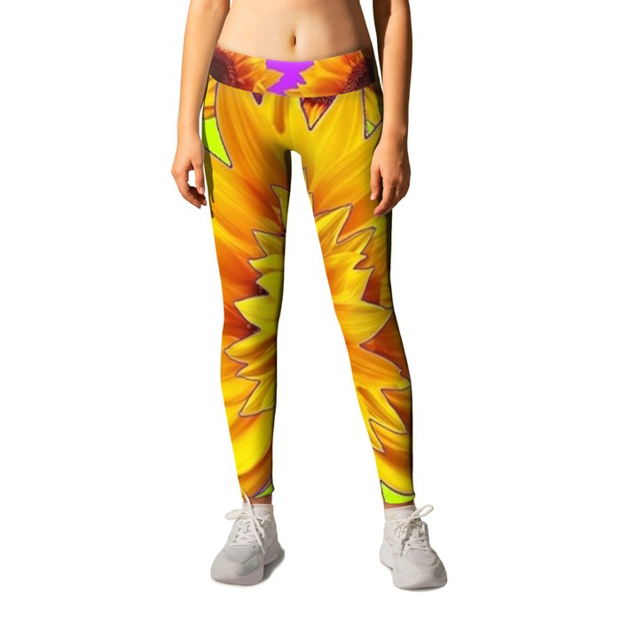 Golden Yellow Sunflower Pattern on Fuchsia Purple and Lime Green  Colors Leggings