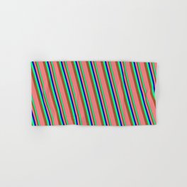 [ Thumbnail: Blue, Green, Sienna & Light Coral Colored Striped/Lined Pattern Hand & Bath Towel ]