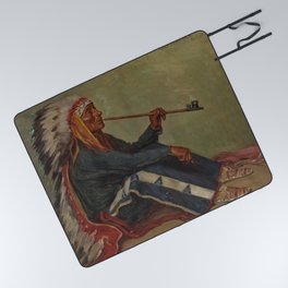 Full portrait of Chief Flat Iron smoking peace pipe Sioux First Nations American Indian portrait painting by Joseph Henry Sharp Picnic Blanket