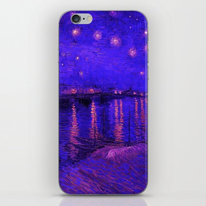 Starry Night Over the Rhone landscape painting by Vincent van Gogh in alternate midnight blue with pink stars iPhone Skin