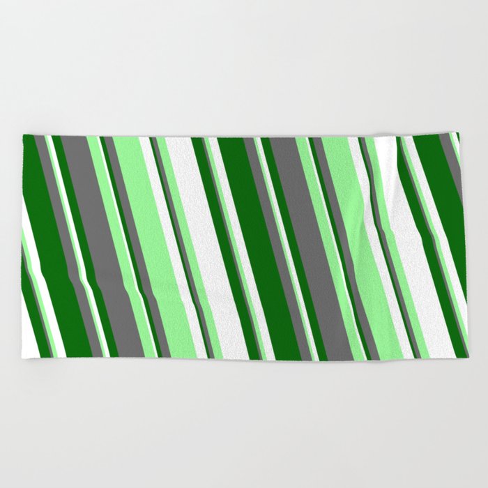 White, Green, Dim Gray, and Dark Green Colored Lines Pattern Beach Towel