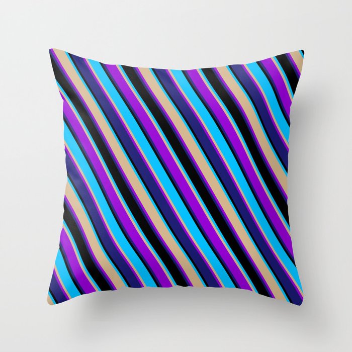 Eyecatching Deep Sky Blue, Tan, Dark Violet, Midnight Blue, and Black Colored Lines Pattern Throw Pillow