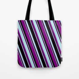 [ Thumbnail: Powder Blue, Purple, and Black Colored Striped/Lined Pattern Tote Bag ]