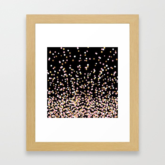 Floating Dots - White, Gold and Pink on Black Framed Art Print