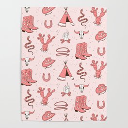 Cute Cowgirl Pattern, Cowboy Print in Blush Pink Poster
