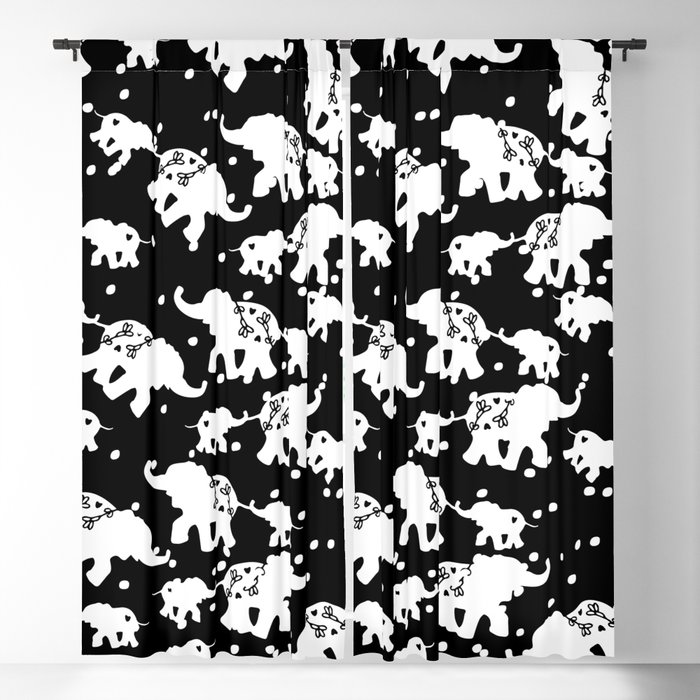 Modern Abstract Black White Polka Dots Floral Cute Elephant Blackout Curtain