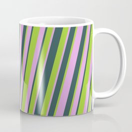 [ Thumbnail: Plum, Dark Slate Gray, and Green Colored Lines Pattern Coffee Mug ]