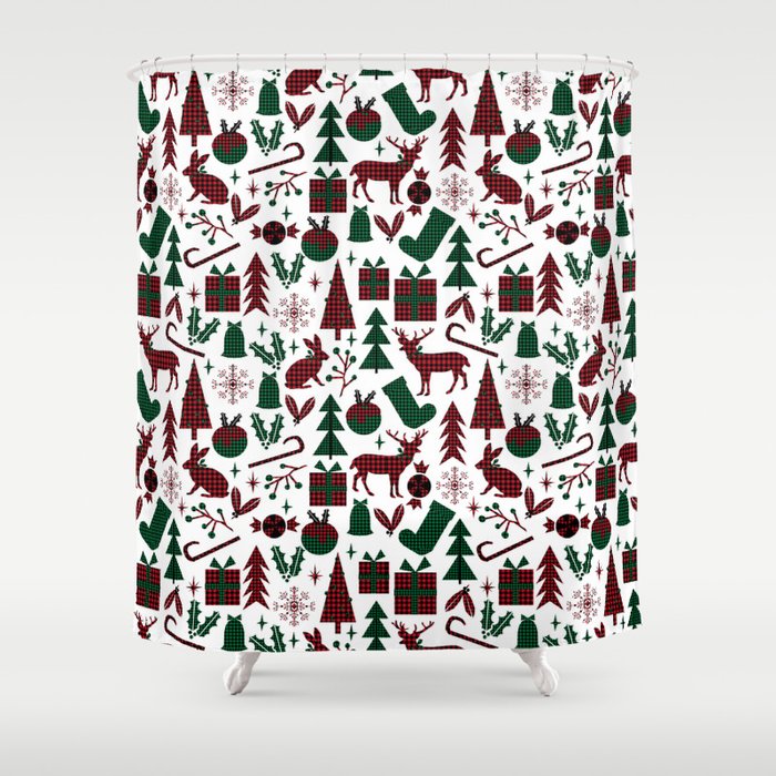 Plaid Antler Deer Stocking Christmas Pudding Trees Candy Plaid Antler Deer Stocking Christmas Pudding Trees Candy Canes Shower Curtain