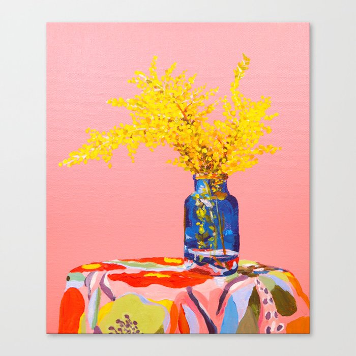 Pink Fuzzy Still Life | Golden Wattle Flower | Australian Native Flowers Canvas Print