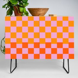 Checkered Pattern in Red, Orange and Dusty Pink Credenza
