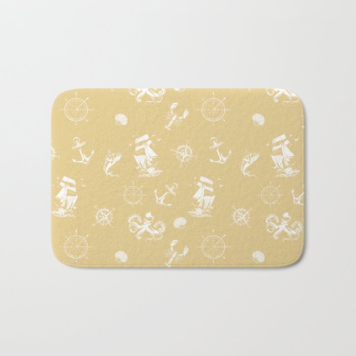 Beige And White Silhouettes Of Vintage Nautical Pattern Bath Mat