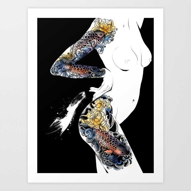 Traditional Japanese Body Koi Tattoo Black And White Illustration Nude Art Naked Beauty Body Art Print By Uniquedrawing Society6