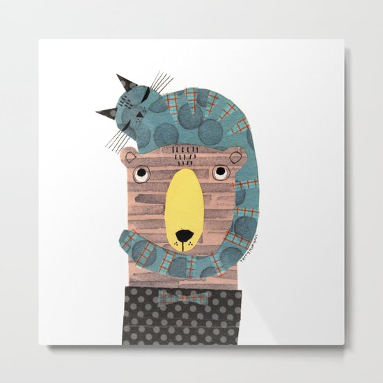 CAT ON BEAR HEAD Metal Print