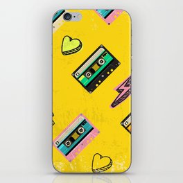 70's, 80's cassette tape vintage retro background. Fashionable poster simple graphic old style with heart and flash. Disco love party 1980. Yellow iPhone Skin