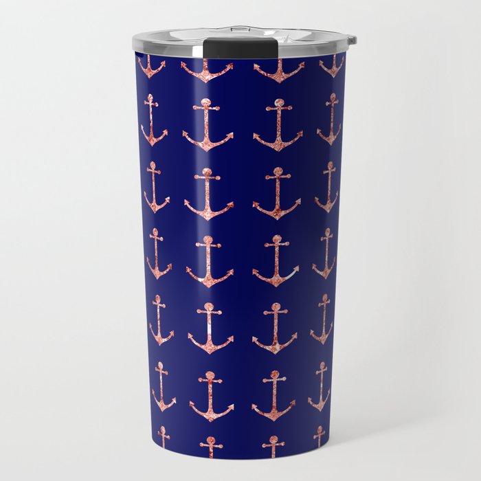 Stylish Nautical Navy Blue Rose Gold Glitter Anchors Travel Mug