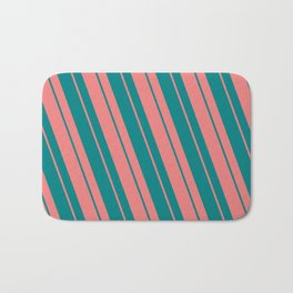 [ Thumbnail: Light Coral & Teal Colored Striped/Lined Pattern Bath Mat ]