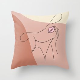 minimal line art of girl with a hat Throw Pillow