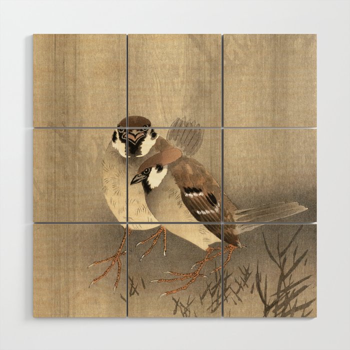 Two Ring Sparrows in the Rain by Ohara Koson Wood Wall Art