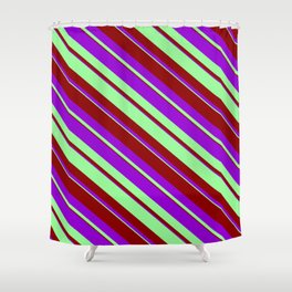[ Thumbnail: Green, Dark Red & Dark Violet Colored Lined/Striped Pattern Shower Curtain ]