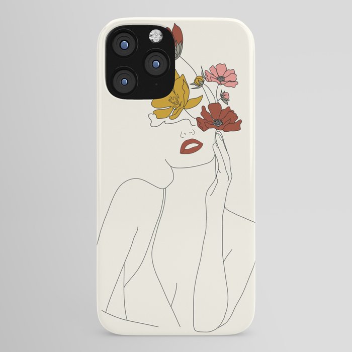 Colorful Thoughts Minimal Line Art Woman with Flowers iPhone Case