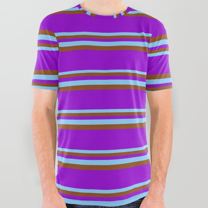 Light Sky Blue, Brown, and Dark Violet Colored Pattern of Stripes All Over Graphic Tee