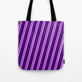 [ Thumbnail: Eyecatching Dark Orchid, Violet, Indigo, Black & White Colored Stripes/Lines Pattern Tote Bag ]