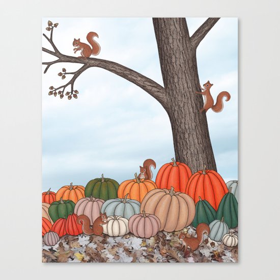heirloom pumpkins, squirrels, & the oak tree Canvas Print