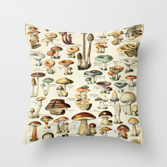Vintage Mushroom & Fungi Chart by Adolphe Millot Throw Pillow