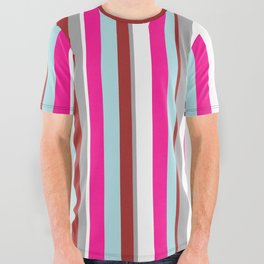 [ Thumbnail: Eye-catching White, Dark Gray, Brown, Powder Blue & Deep Pink Colored Lines/Stripes Pattern All Over Graphic Tee ]